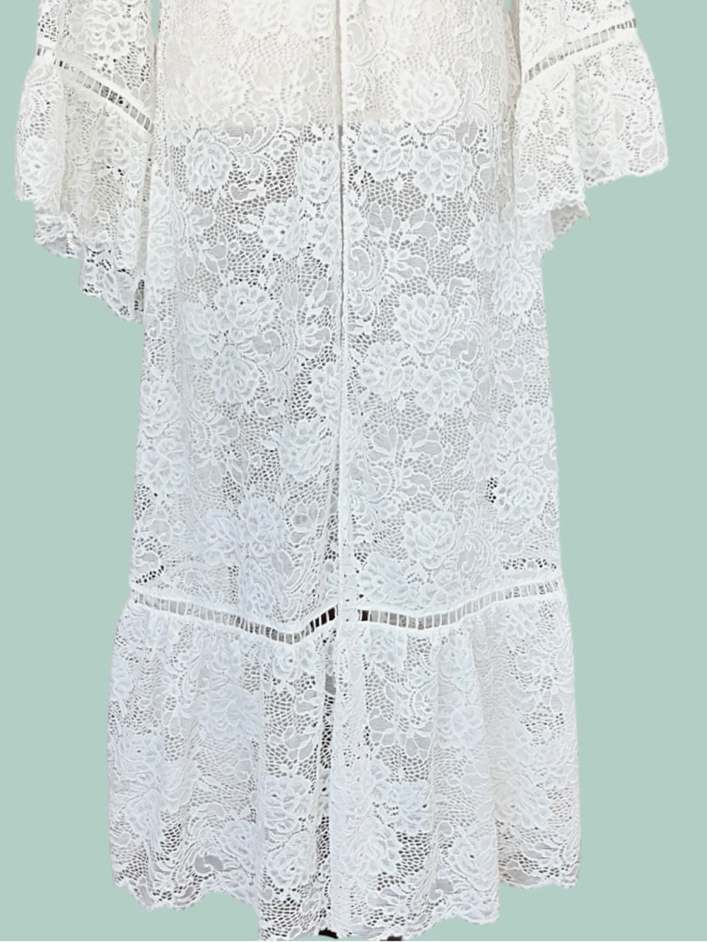 Curation Ivory Sheer Lace Heirloom Maxi S Pagoda Sleeve Festival Duster Top - Picture 3 of 12